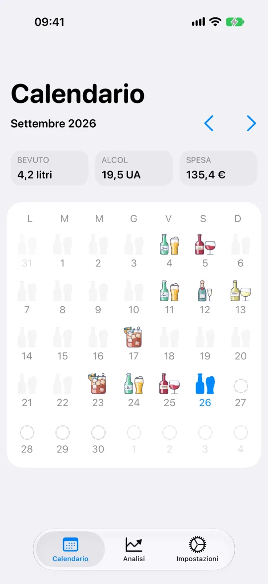 Calendario di AlcoStat con quanto hai bevuto in ogni giorno del mese