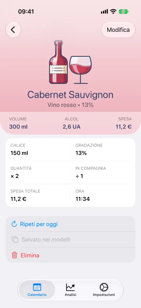 Scheda del drink con volume, gradazione, quantità e totale in unità alcoliche