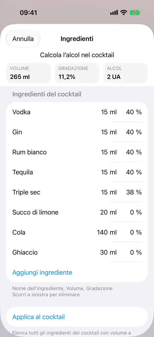 Ingredienti di un cocktail e la gradazione della miscela calcolata da AlcoStat