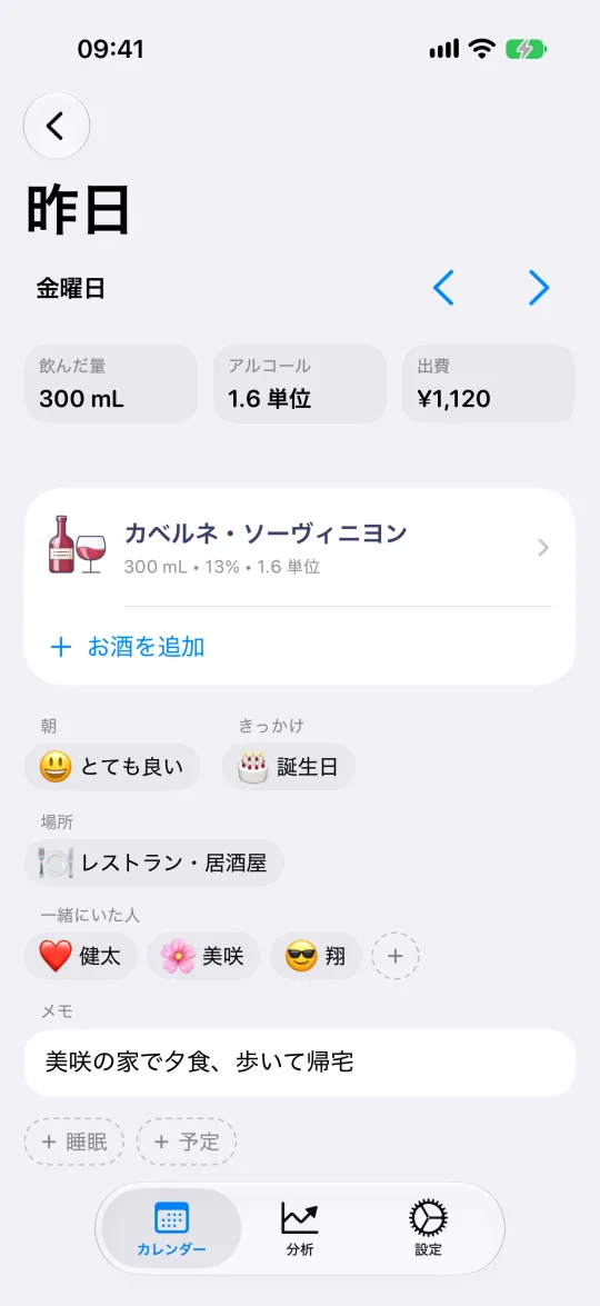 記録したお酒、場所、相手、きっかけ、メモを表示する日の画面