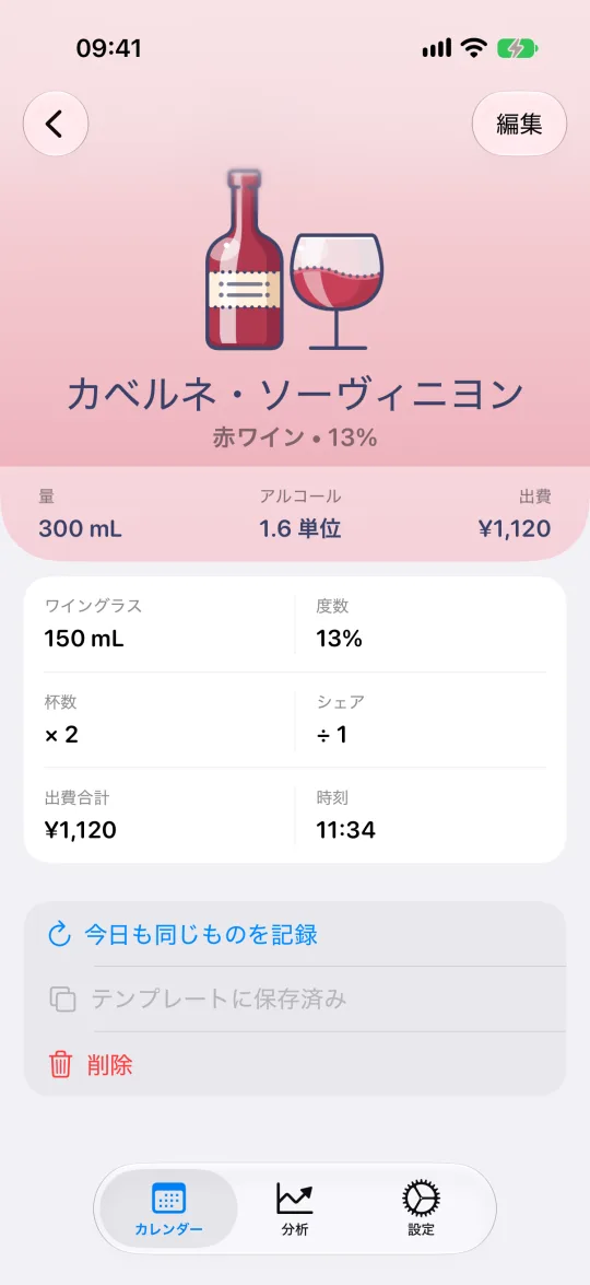 量・度数・杯数と標準ドリンク換算の合計を表示するお酒のカード