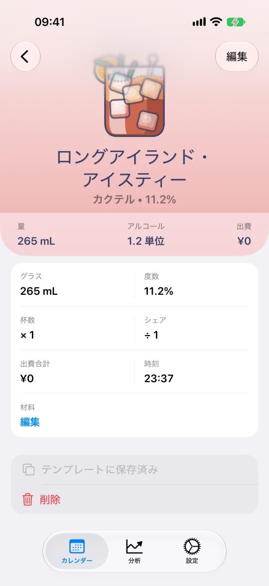 計算された度数22.1%と含まれるアルコール量を表示するメスカル・ネグローニのカード
