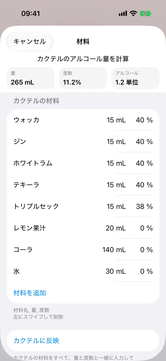 カクテルの材料と、AlcoStatが計算した仕上がりの度数