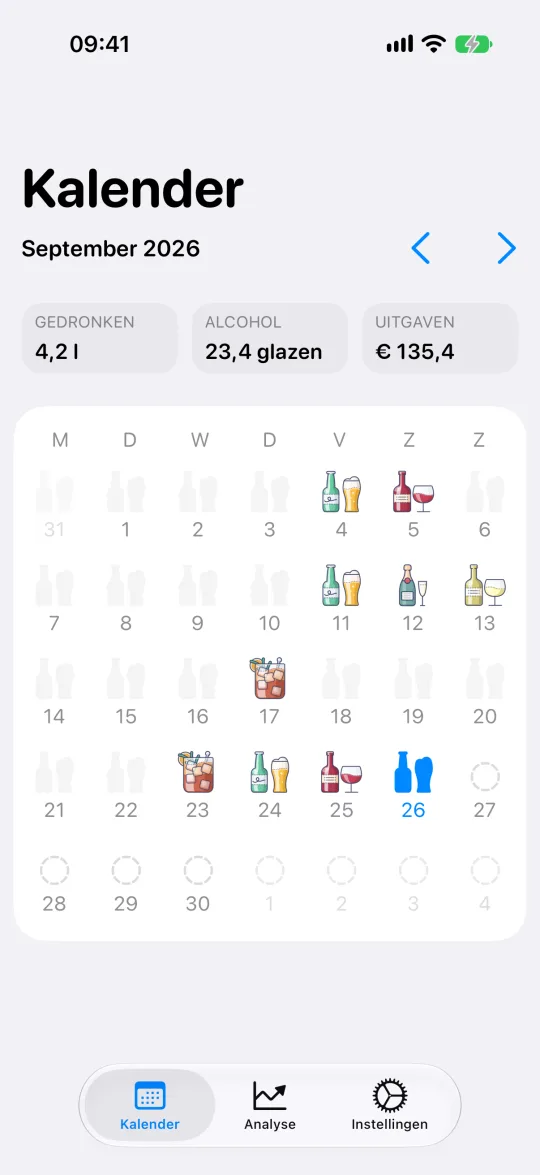 Kalender van AlcoStat met hoeveel je op elke dag van de maand dronk