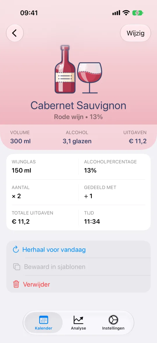 Drankkaart met volume, alcoholpercentage, aantal en een totaal in standaardglazen