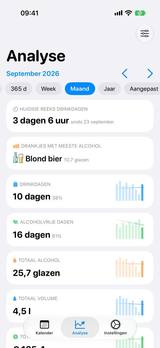 Analysekaarten voor de gekozen periode, met totalen, gemiddelden en uitgaven