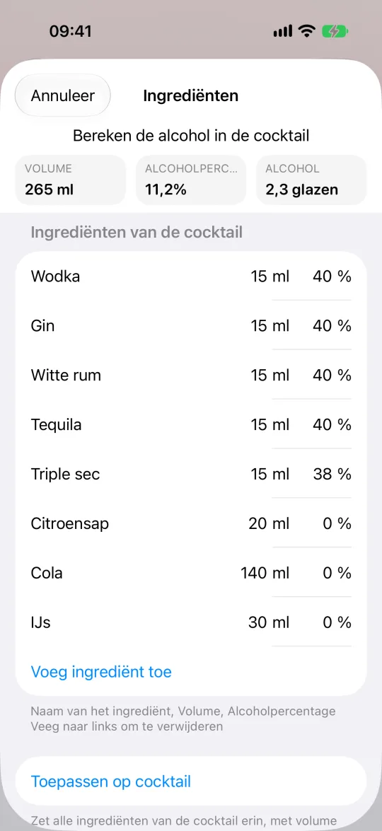 Cocktailingrediënten met het door AlcoStat berekende alcoholpercentage van de mix