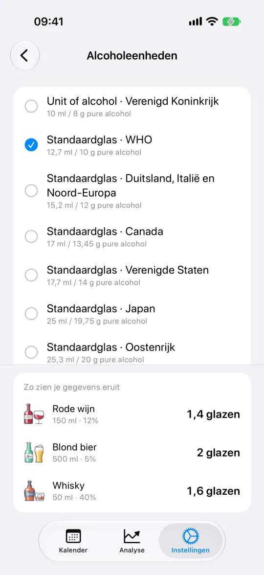 Instellingen voor het standaardglassysteem en volume-eenheden