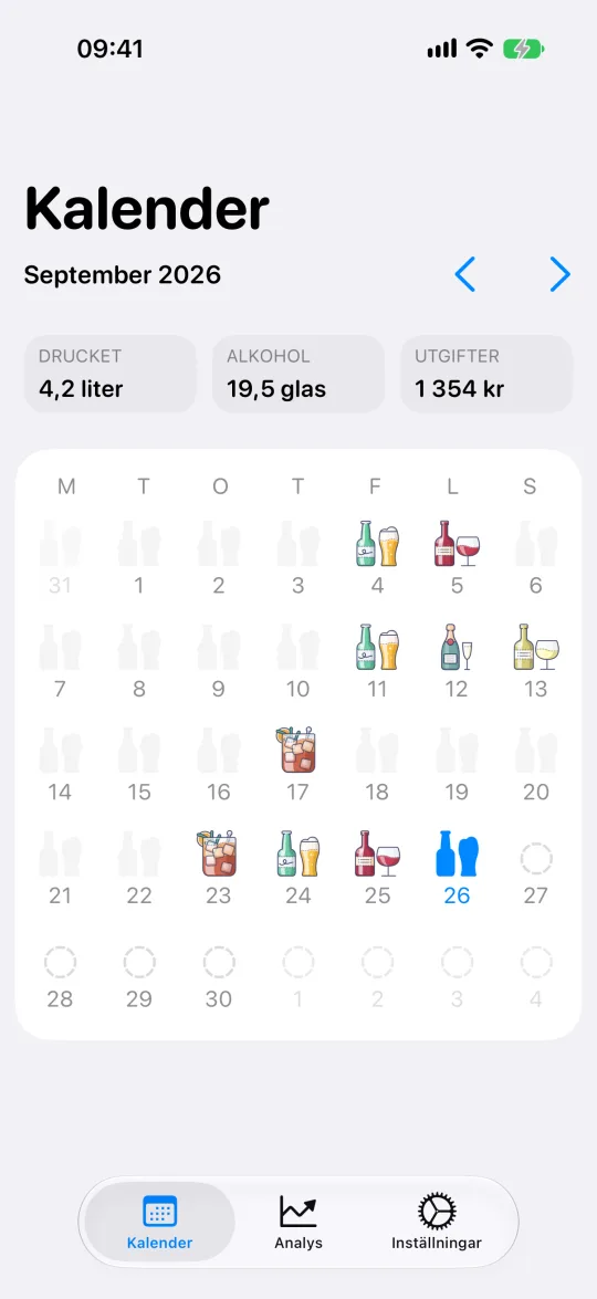 AlcoStats kalender som visar hur mycket du drack varje dag i månaden