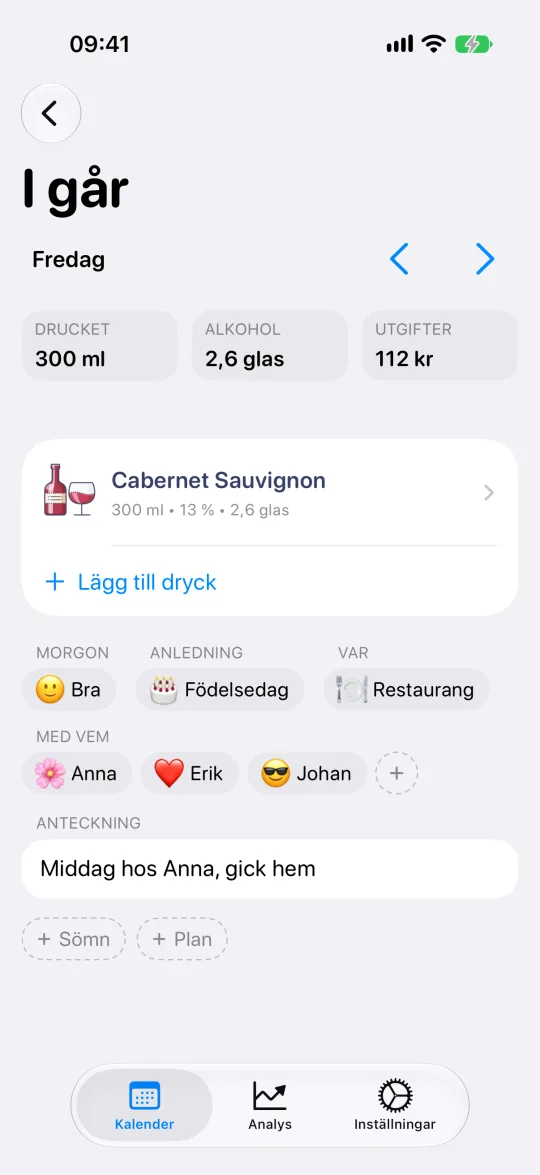Dagsskärm med loggade drycker, plats, sällskap, anledning och en anteckning