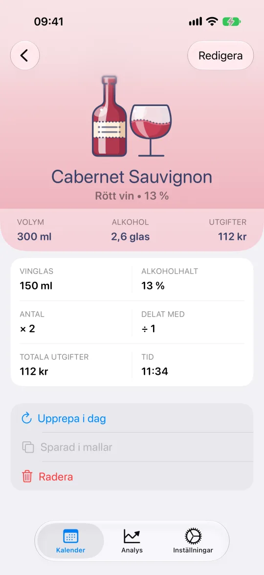 Dryckeskort med volym, alkoholhalt, antal och en summa i standardglas