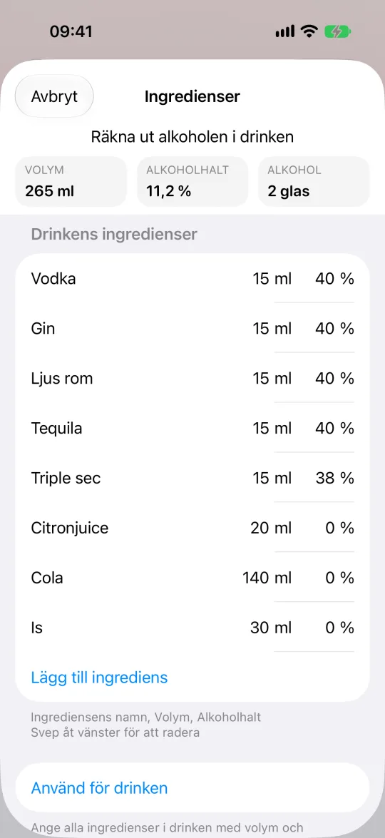 Drinkingredienser med AlcoStats beräknade alkoholhalt för blandningen