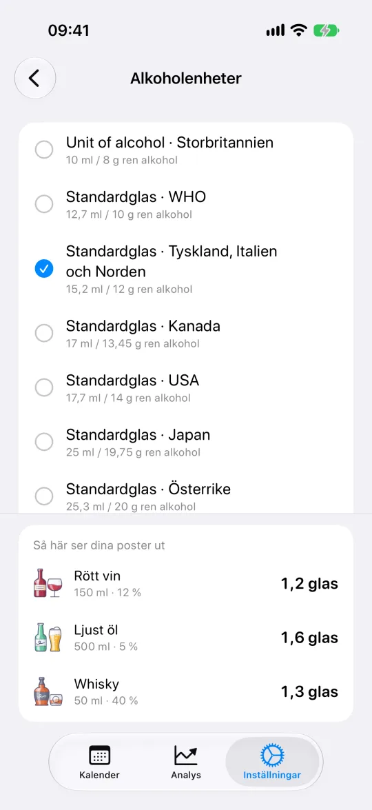 Inställningar för standardglassystem och volymenheter
